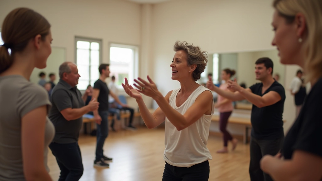 Dance instructor teaching a class of adult students