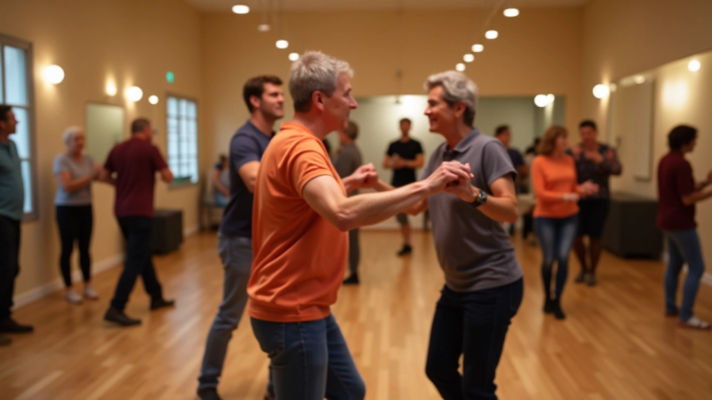 Group of adults dancing together in a bright studio space with wooden floors and mirrors