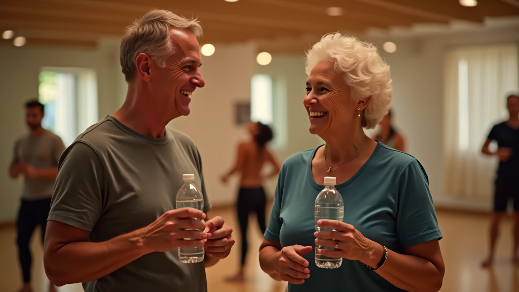 Two adults in conversation at a dance studio, both smiling and holding water bottles after a class session